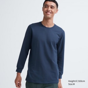 Uniqlo Heattech Cotton Crew Neck Extra Warm T-shirts Heren Blauw | 8203197